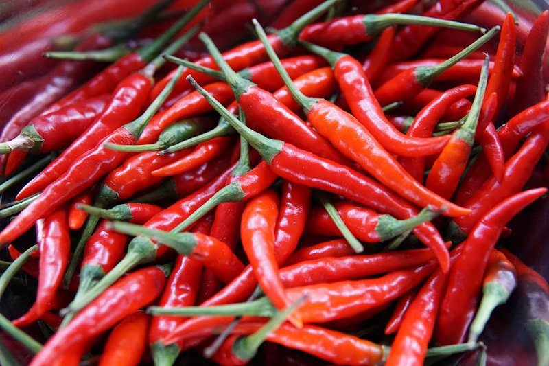 Pile of deep red dried chilli peppers